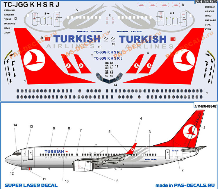 738 laser decal Boeing 737-800 TURKISH 1/144
