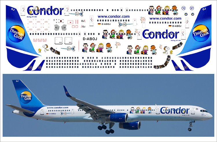 753 laser decal Boeing 757-300 Thomas cook Condor Snoopy for Eastern Express. PAS-DECALS. Minicraft 1/144