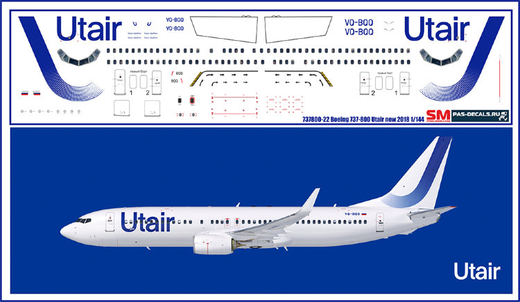 Лазерная декаль на Boeing 737-800 Utair new 1/144