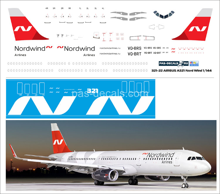 321-22 Decal for Airbus A 321 Nord Wind 1/144 (for kit Zvezda)