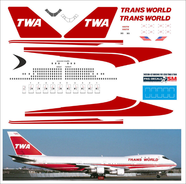 Декаль на Boeing 747-200 TWA  1/144