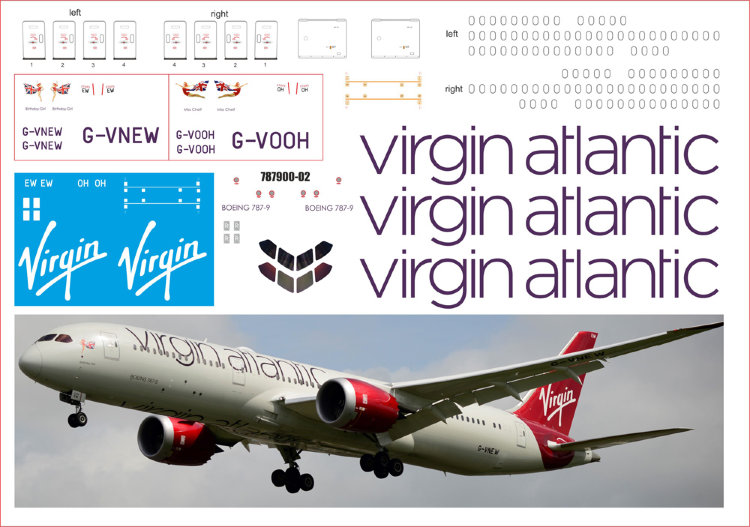 789 Лазерная декаль с элементами белой печати Boeing 787900 Virgin Atlantic 1/144