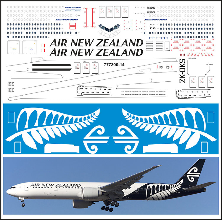 773 Лазерная декаль с элементами белой печати на Boeing 777-300 "Звезда" Air New Zealand  1/144