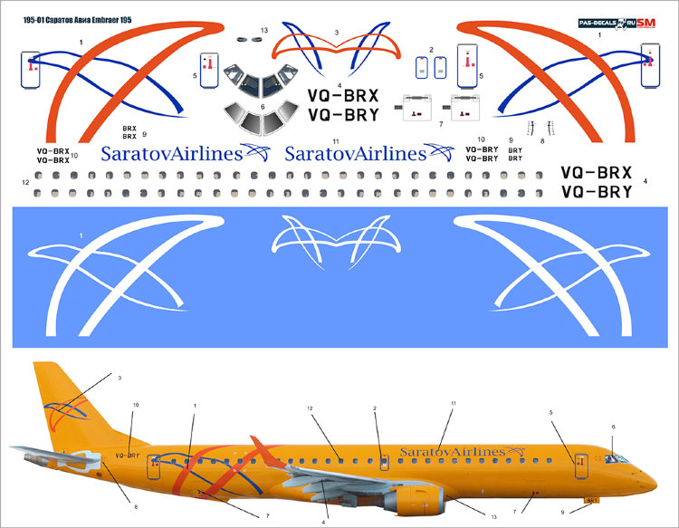 195 laser decal Embraer E195 SaratovAirlines  1/144