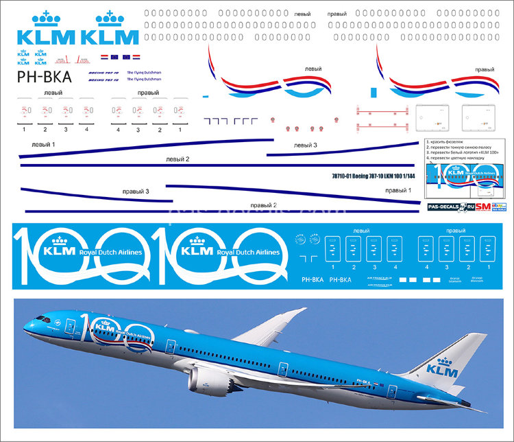 Лазерная декаль На BOEING 787-10 KLM 100  масштаб 1/144